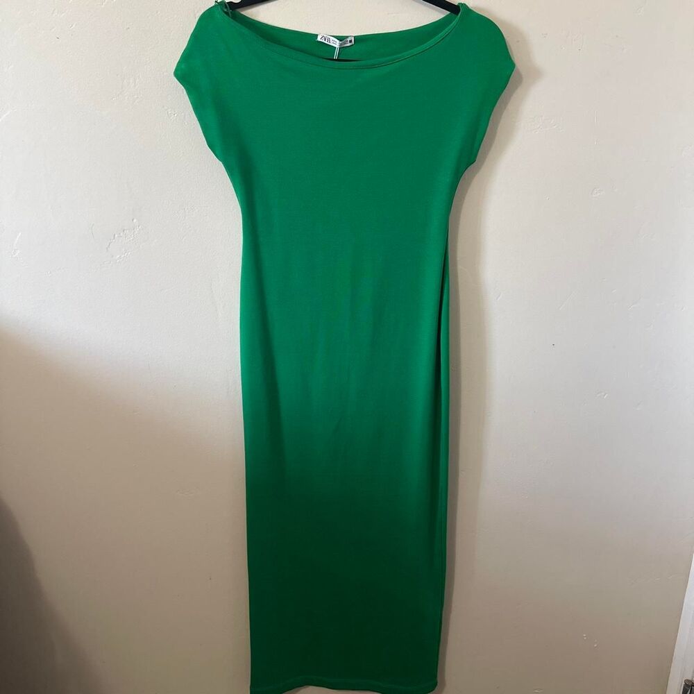 Zara Women's Green Midi Dress, Boat Neckline, Size M